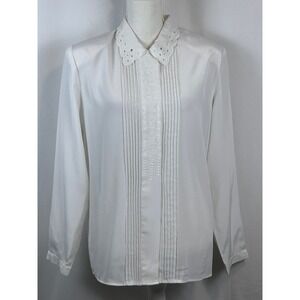 Vintage Ann Carson Lace Pleated Tuxedo Blouse Floral Embroidered Long Sleeve